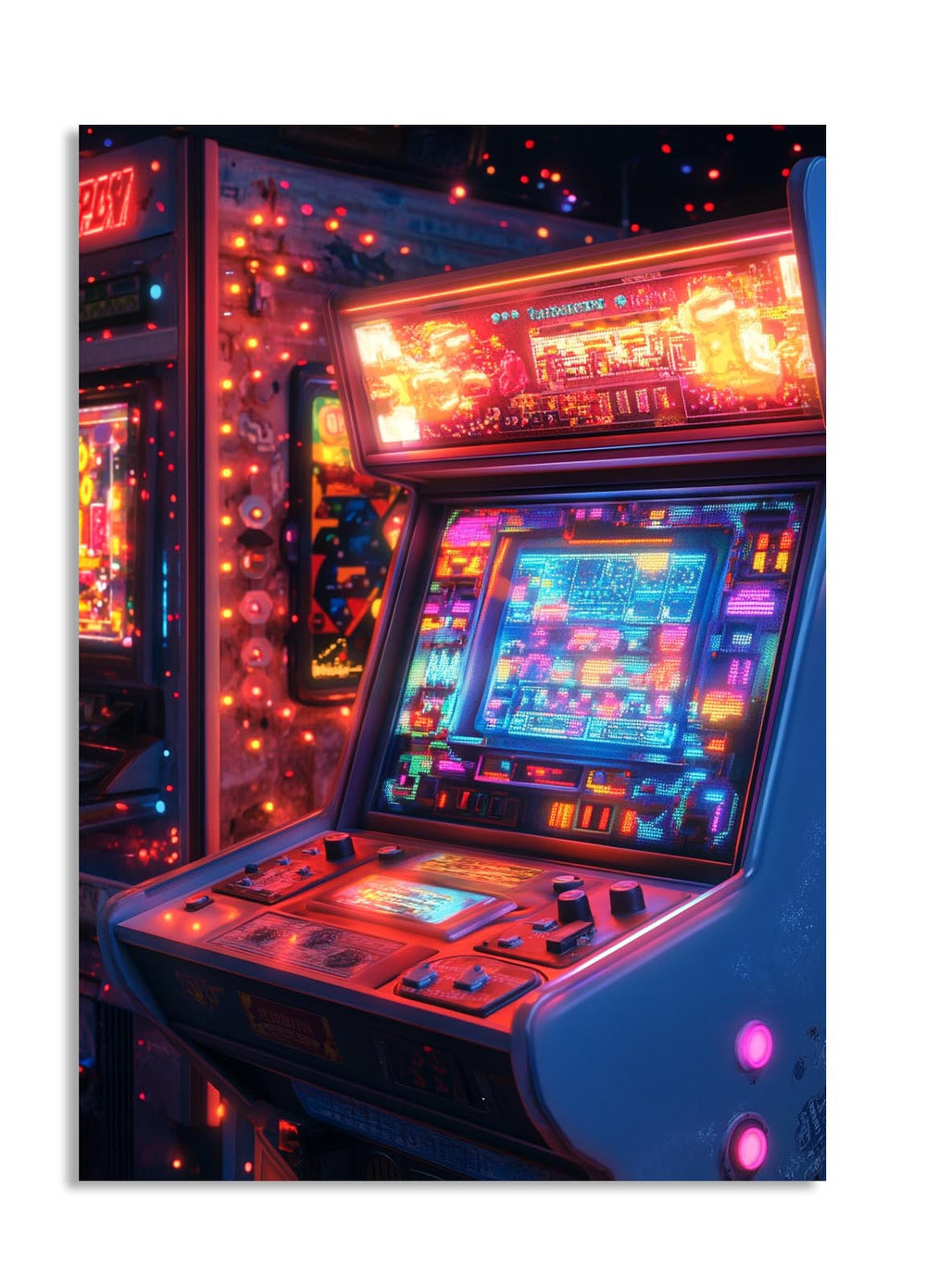 Neon-lit arcade machine in a dark room with colorful lights, as a premium aluminum metal print from GoMetalPrint.
