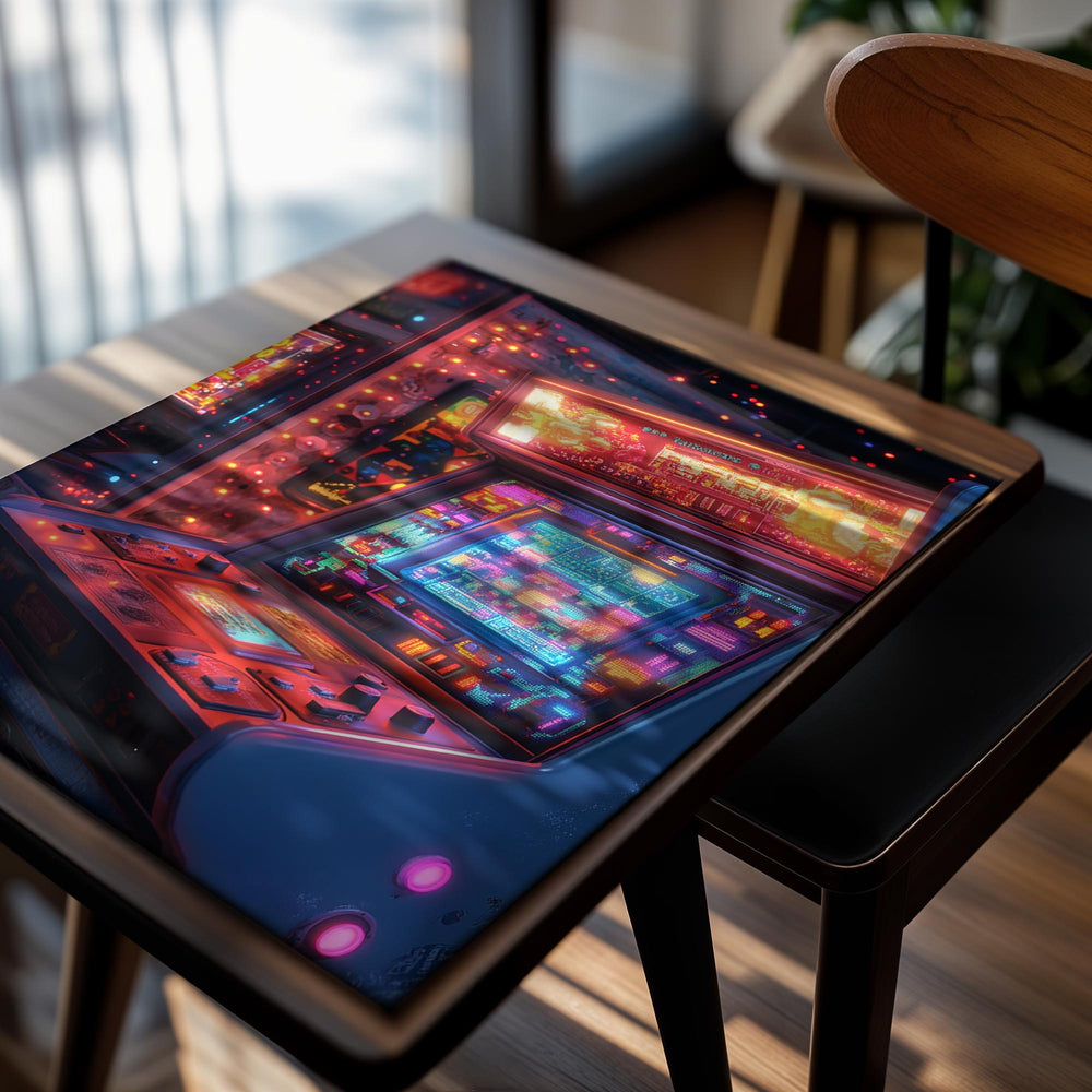 Neon-lit arcade machine in a dark room with colorful lights, as a premium aluminum metal print from GoMetalPrint.
