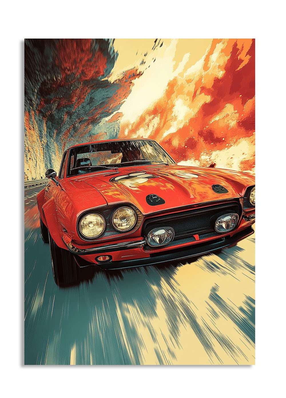 Red car on a dynamic background with colorful sky and road, as a premium aluminum metal print from GoMetalPrint.
