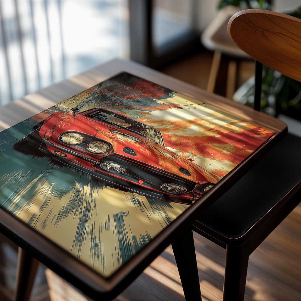 Red car on a dynamic background with colorful sky and road, as a premium aluminum metal print from GoMetalPrint.
