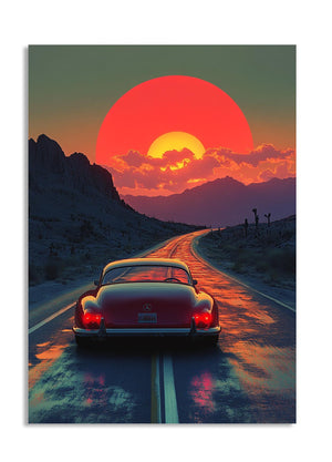 Vintage car on a desert road with a large red sun in the sky, as a premium aluminum metal print from GoMetalPrint.
