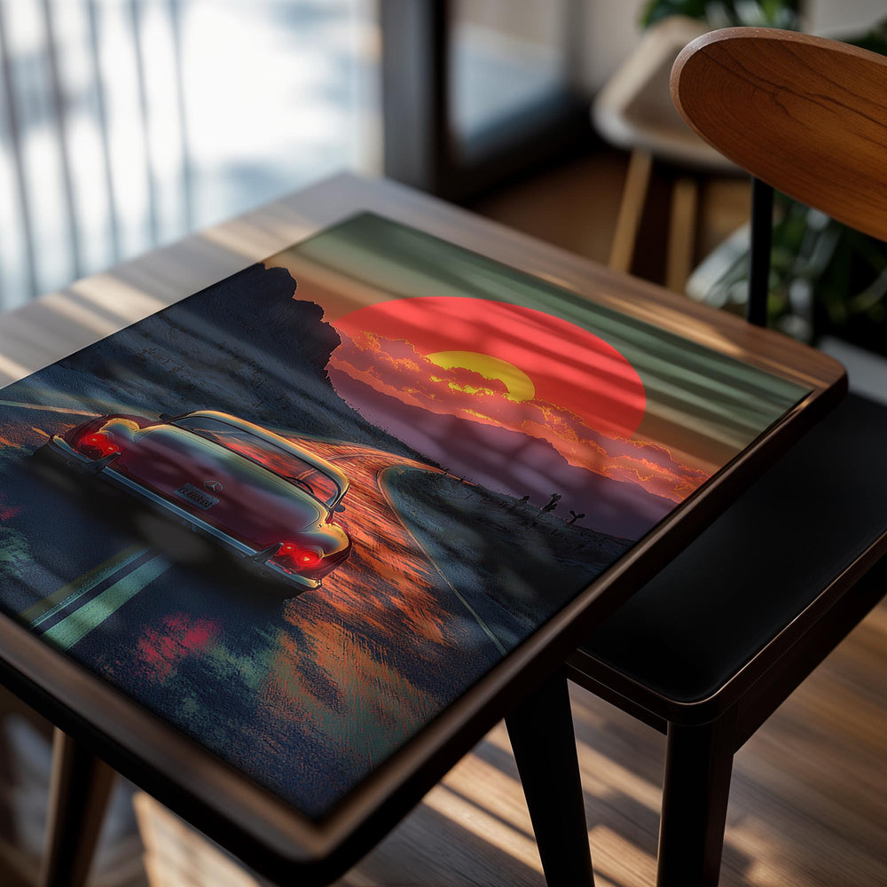 Vintage car on a desert road with a large red sun in the sky, as a premium aluminum metal print from GoMetalPrint.
