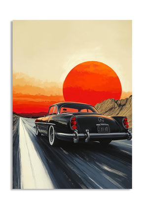 Vintage car on a road with a large orange sun in the sky, as a premium aluminum metal print from GoMetalPrint.
