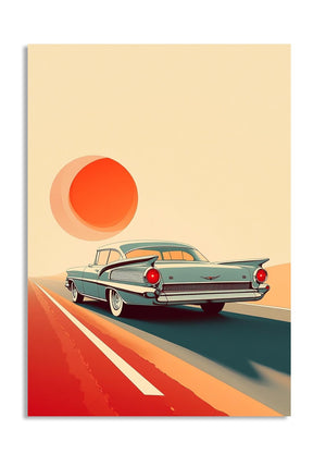 Vintage car on a road with a large orange sun in the sky, as a premium aluminum metal print from GoMetalPrint.
