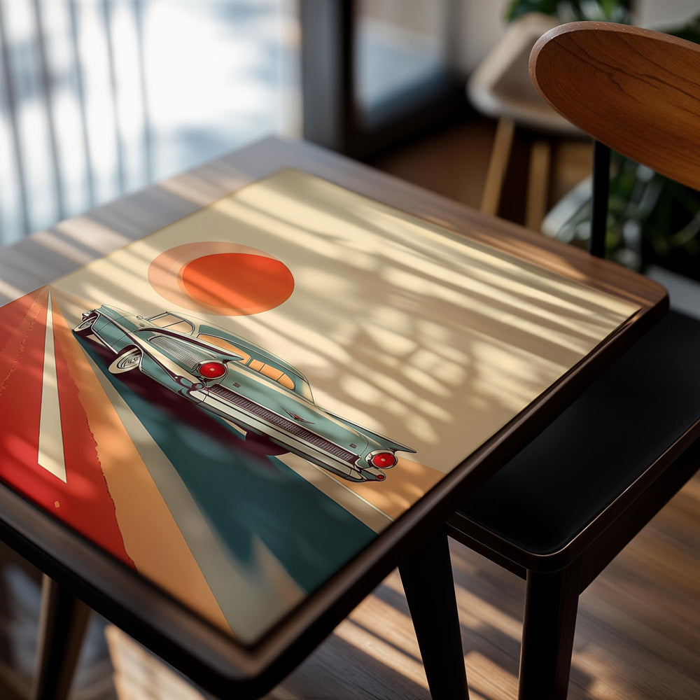 Vintage car on a road with a large orange sun in the sky, as a premium aluminum metal print from GoMetalPrint.

