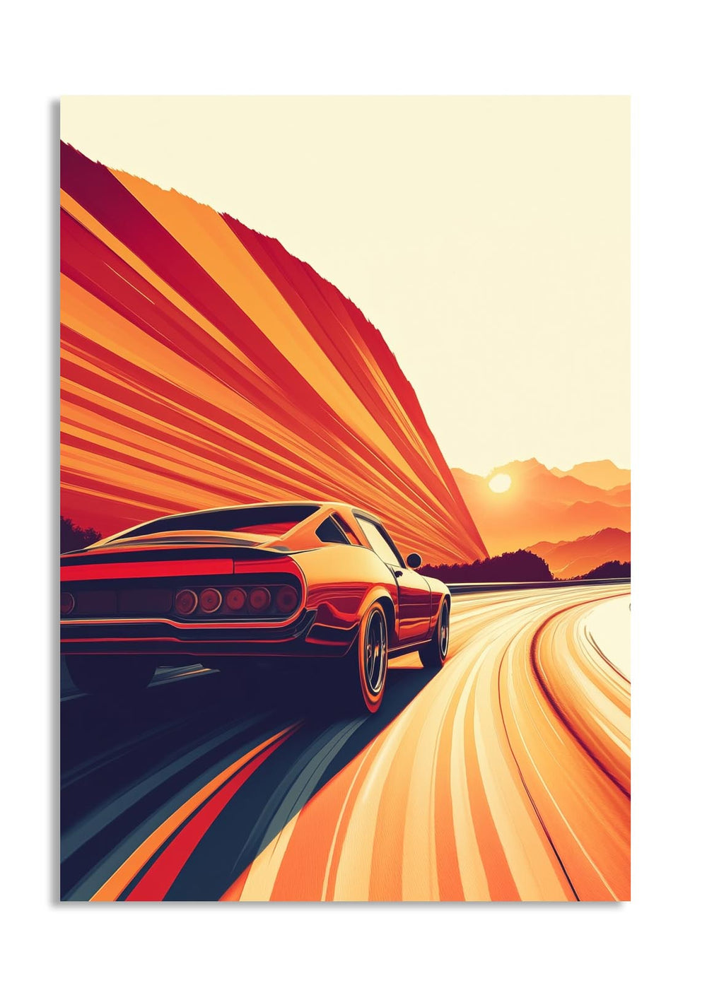Surreal landscape with a car on a winding road, mountains, and a sun in the background, as a premium aluminum metal print from GoMetalPrint.
