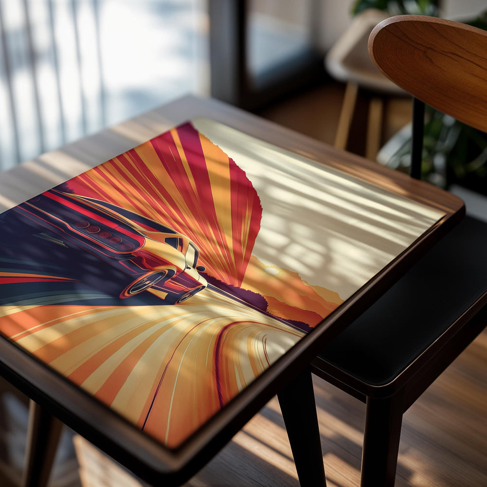 Surreal landscape with a car on a winding road, mountains, and a sun in the background, as a premium aluminum metal print from GoMetalPrint.
