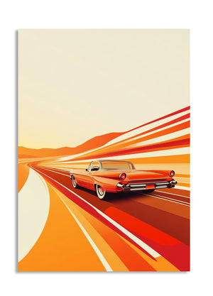 Vintage car on a road with orange and red abstract design, as a premium aluminum metal print from GoMetalPrint.
