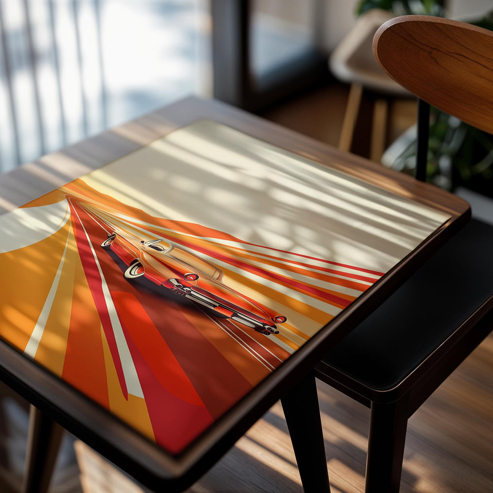 Vintage car on a road with orange and red abstract design, as a premium aluminum metal print from GoMetalPrint.
