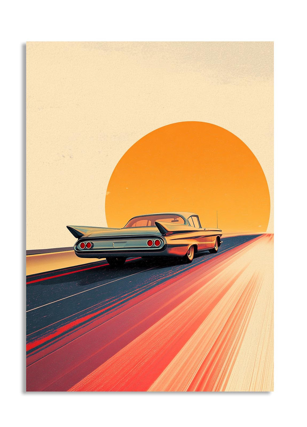 Vintage car on a road with a large orange sun in the sky, as a premium aluminum metal print from GoMetalPrint.
