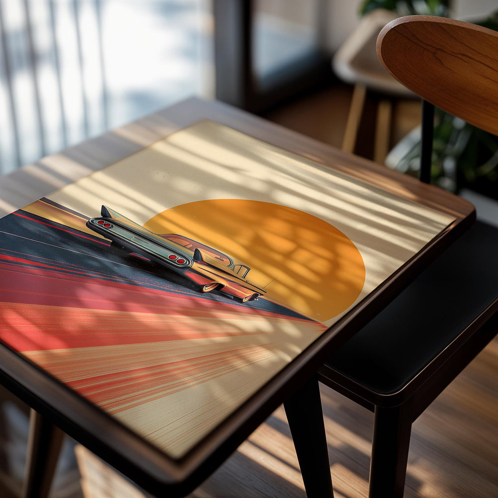 Vintage car on a road with a large orange sun in the sky, as a premium aluminum metal print from GoMetalPrint.
