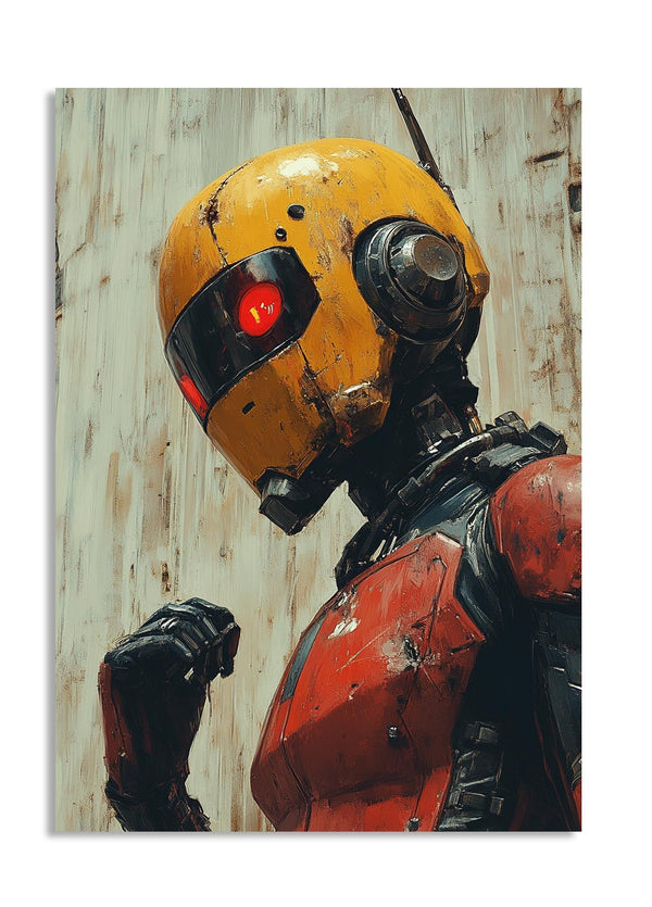 Robotic figure with a yellow helmet and red eyes against a wooden background, as a premium aluminum metal print from GoMetalPrint.
