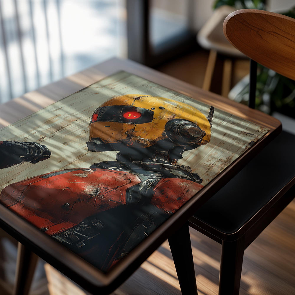 Robotic figure with a yellow helmet and red eyes against a wooden background, as a premium aluminum metal print from GoMetalPrint.
