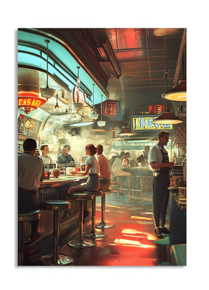 Vintage-style diner interior with patrons and staff, as a premium aluminum metal print from GoMetalPrint.
