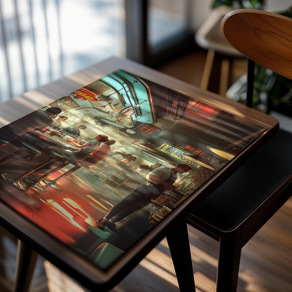 Vintage-style diner interior with patrons and staff, as a premium aluminum metal print from GoMetalPrint.
