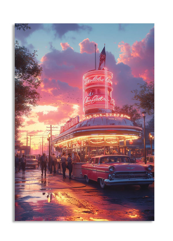 Neon-lit diner with vintage car under a pink and purple sky, as a premium aluminum metal print from GoMetalPrint.
