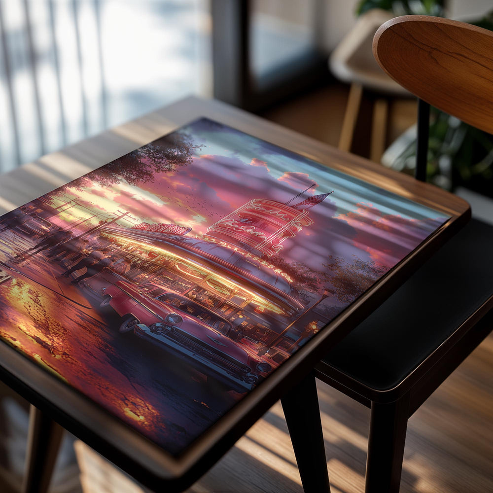 Neon-lit diner with vintage car under a pink and purple sky, as a premium aluminum metal print from GoMetalPrint.
