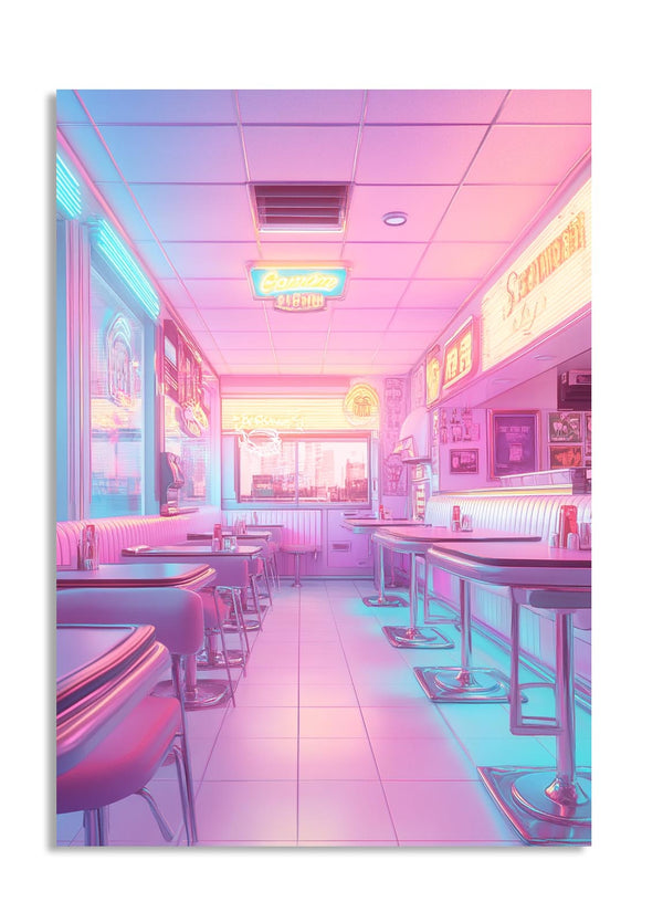 Colorful interior of a diner with pastel tones, as a premium aluminum metal print from GoMetalPrint.
