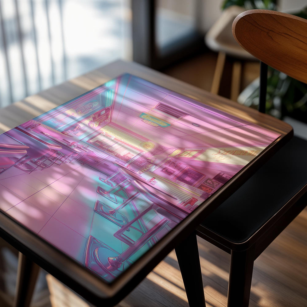 Colorful interior of a diner with pastel tones, as a premium aluminum metal print from GoMetalPrint.
