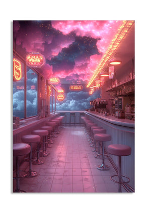 Futuristic bar interior with pink neon lights and cloud-like ceiling, as a premium aluminum metal print from GoMetalPrint.
