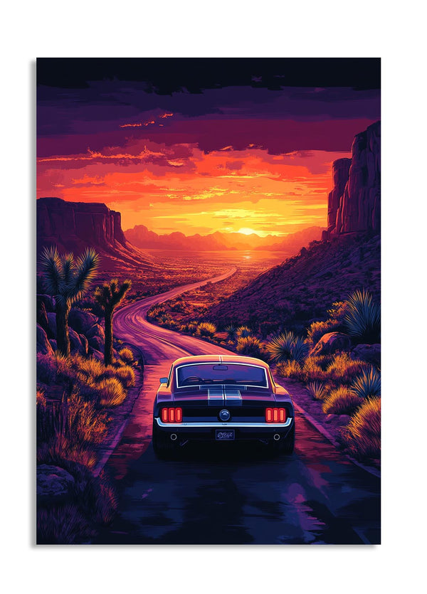 Car on a desert road at sunset with purple and orange hues, as a premium aluminum metal print from GoMetalPrint.
