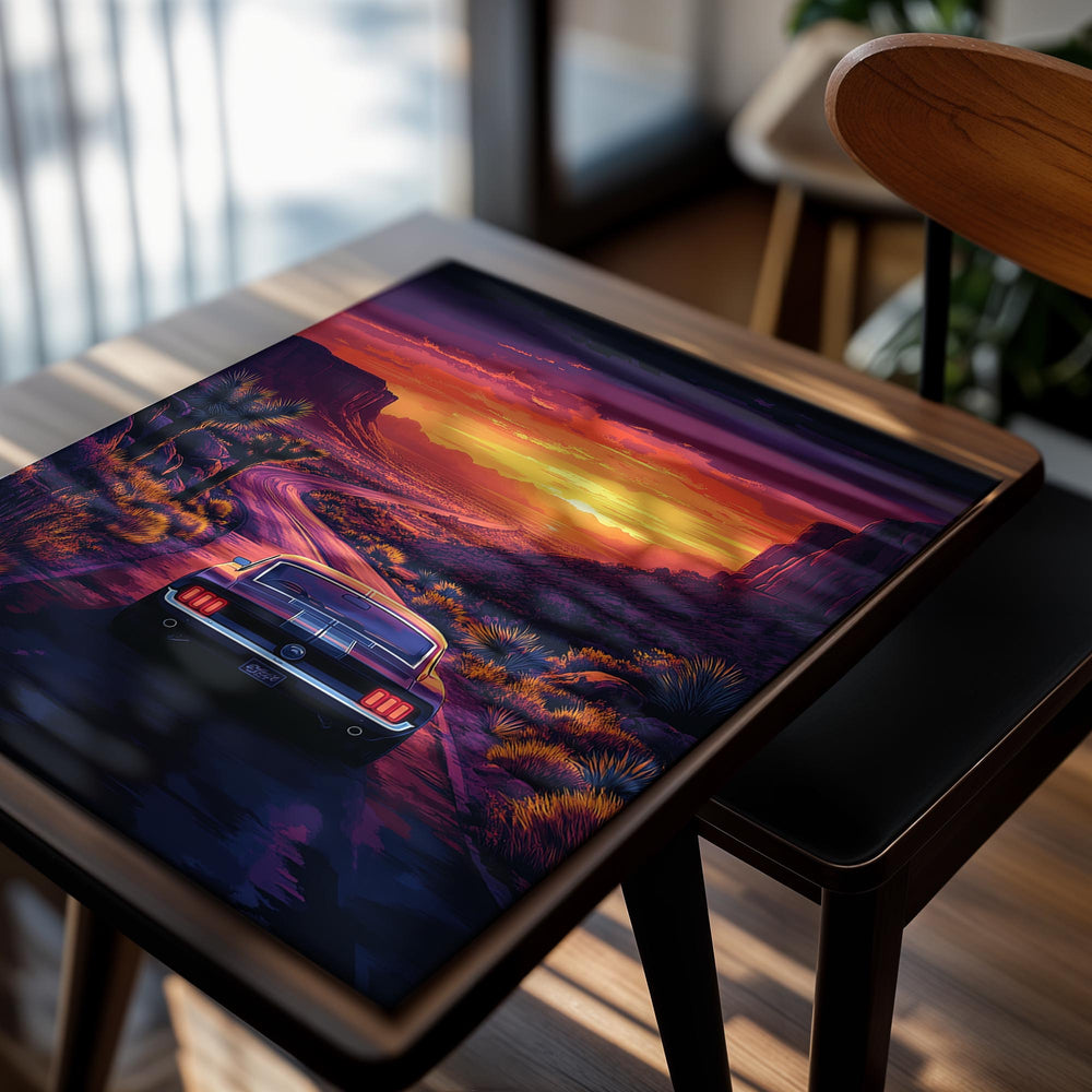 Car on a desert road at sunset with purple and orange hues, as a premium aluminum metal print from GoMetalPrint.
