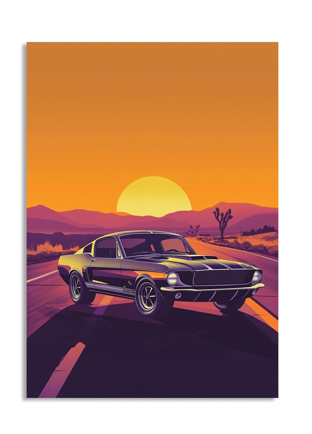 Vintage car on a desert road with a sunset in the background, as a premium aluminum metal print from GoMetalPrint.
