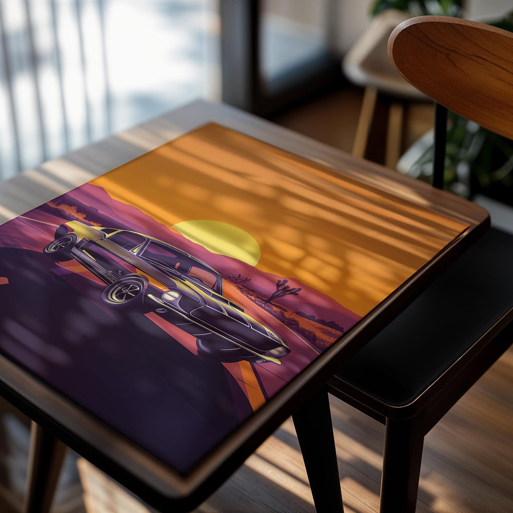 Vintage car on a desert road with a sunset in the background, as a premium aluminum metal print from GoMetalPrint.

