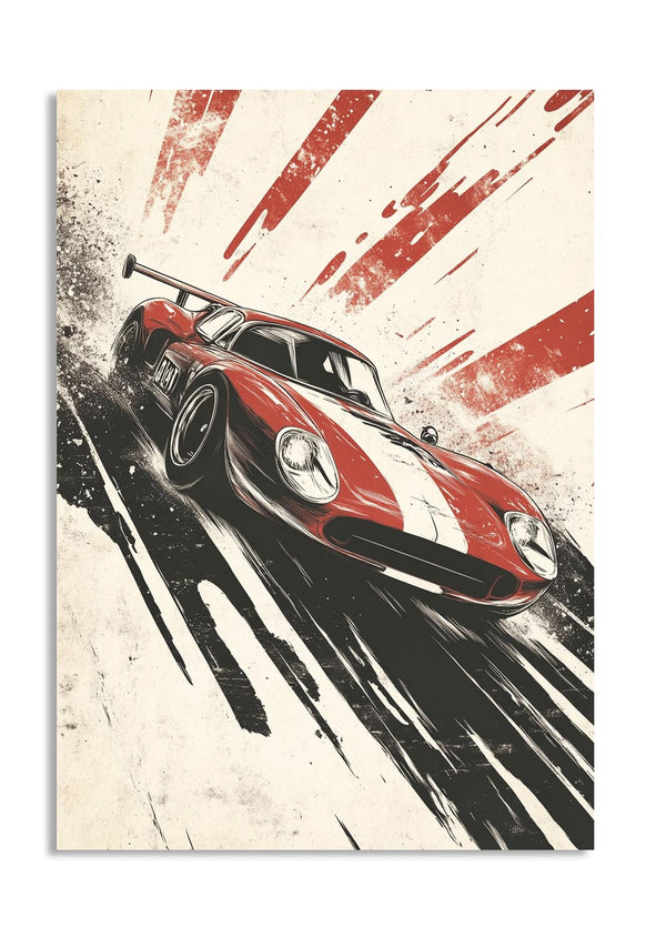 Vintage-style illustration of a red and white race car on a distressed background , as a premium aluminum metal print from GoMetalPrint.
