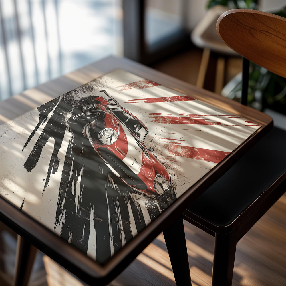 Vintage-style illustration of a red and white race car on a distressed background , as a premium aluminum metal print from GoMetalPrint.
