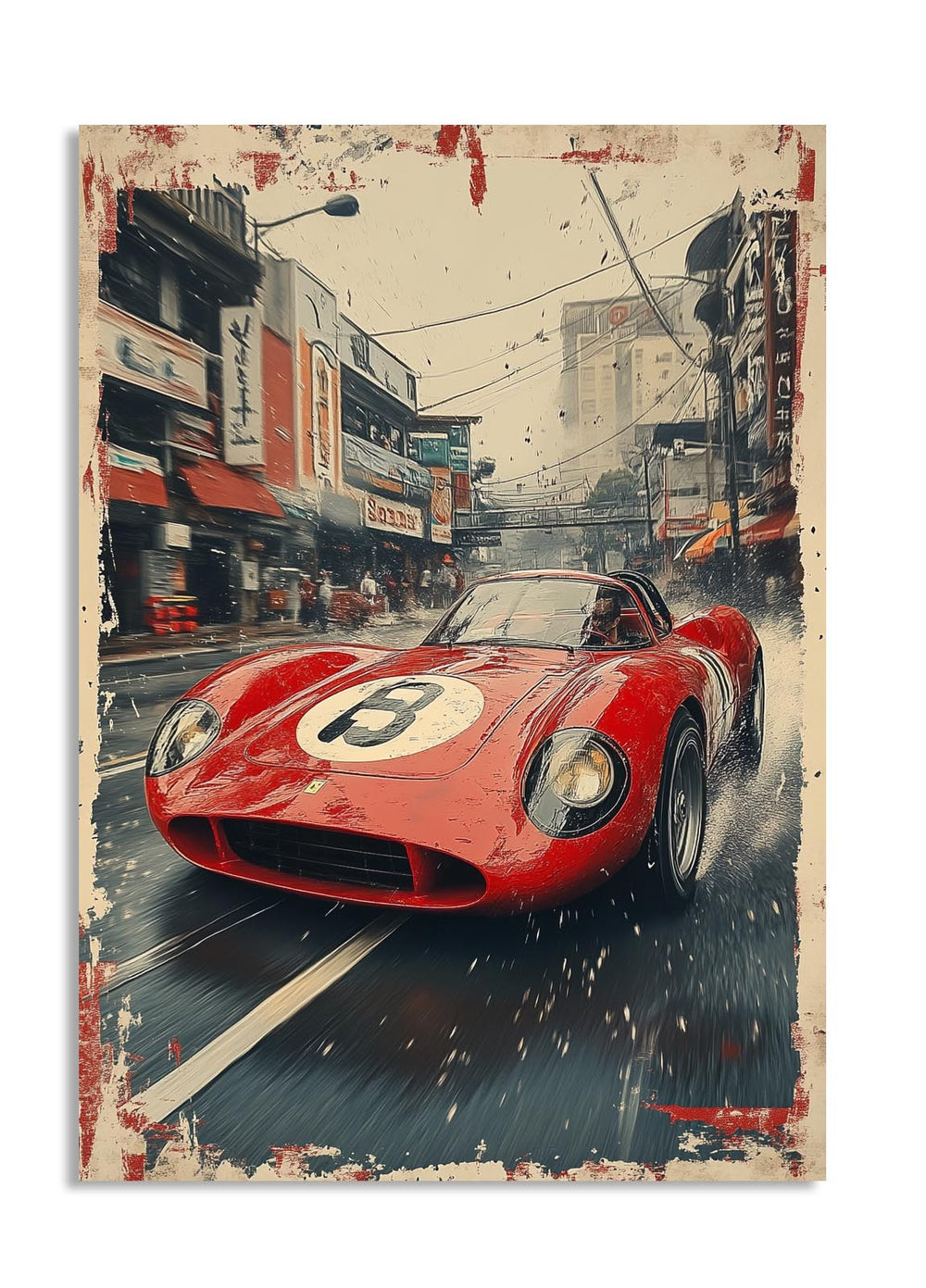 Red sports car with a white number '8' on a city street background, as a premium aluminum metal print from GoMetalPrint.
