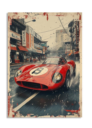 Red sports car with a white number '8' on a city street background, as a premium aluminum metal print from GoMetalPrint.
