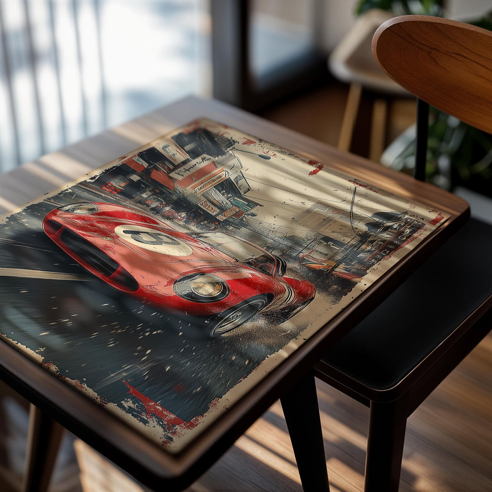 Red sports car with a white number '8' on a city street background, as a premium aluminum metal print from GoMetalPrint.
