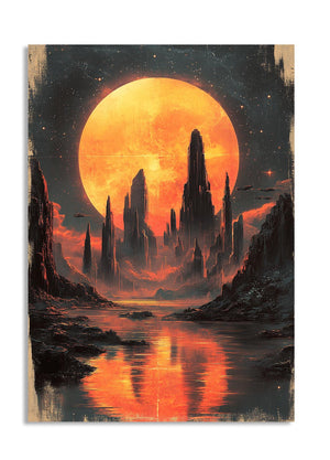 Futuristic landscape with a large orange planet, tall rock formations, and a reflective water surface, as a premium aluminum metal print from GoMetalPrint.
