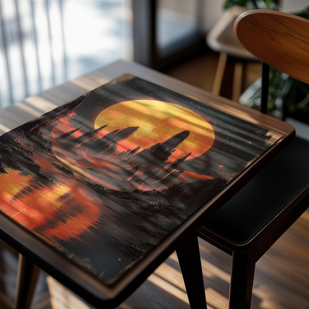 Futuristic landscape with a large orange planet, tall rock formations, and a reflective water surface, as a premium aluminum metal print from GoMetalPrint.
