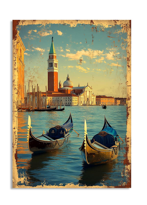 Vintage-style painting of gondolas on a canal with a cityscape in the background, as a premium aluminum metal print from GoMetalPrint.
