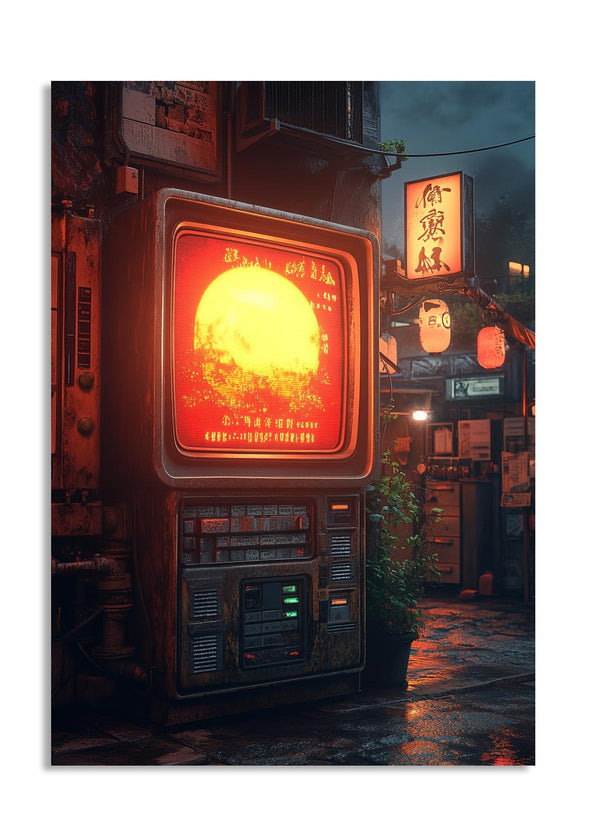 Vintage-style television set in a neon-lit street scene, as a premium aluminum metal print from GoMetalPrint.
