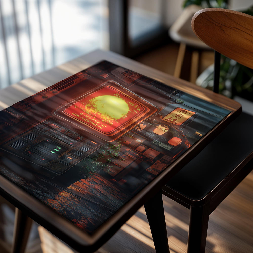 Vintage-style television set in a neon-lit street scene, as a premium aluminum metal print from GoMetalPrint.
