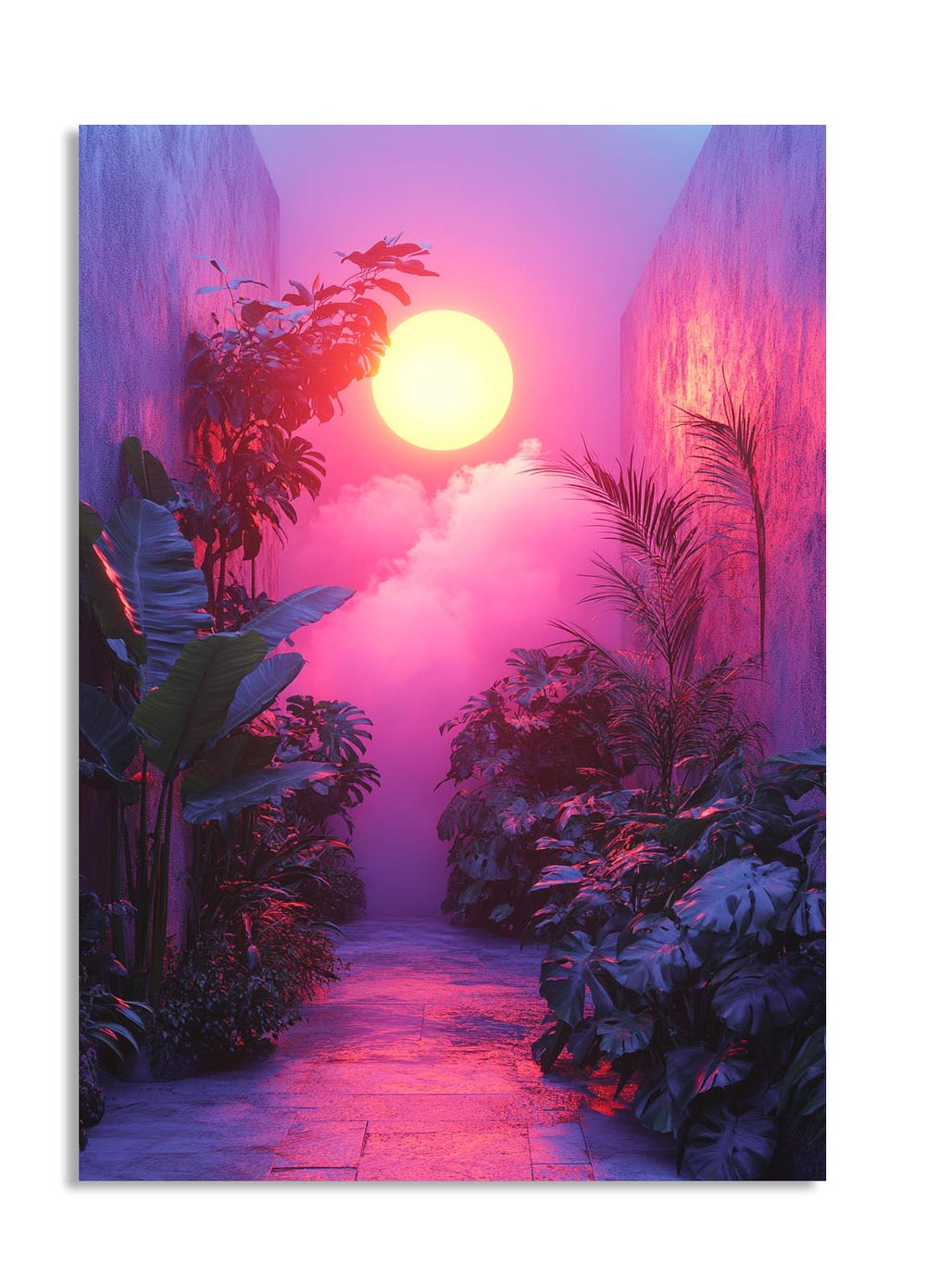 Tropical garden with pink and purple lighting and a bright yellow sun, as a premium aluminum metal print from GoMetalPrint.
