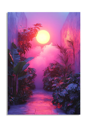 Tropical garden with pink and purple lighting and a bright yellow sun, as a premium aluminum metal print from GoMetalPrint.
