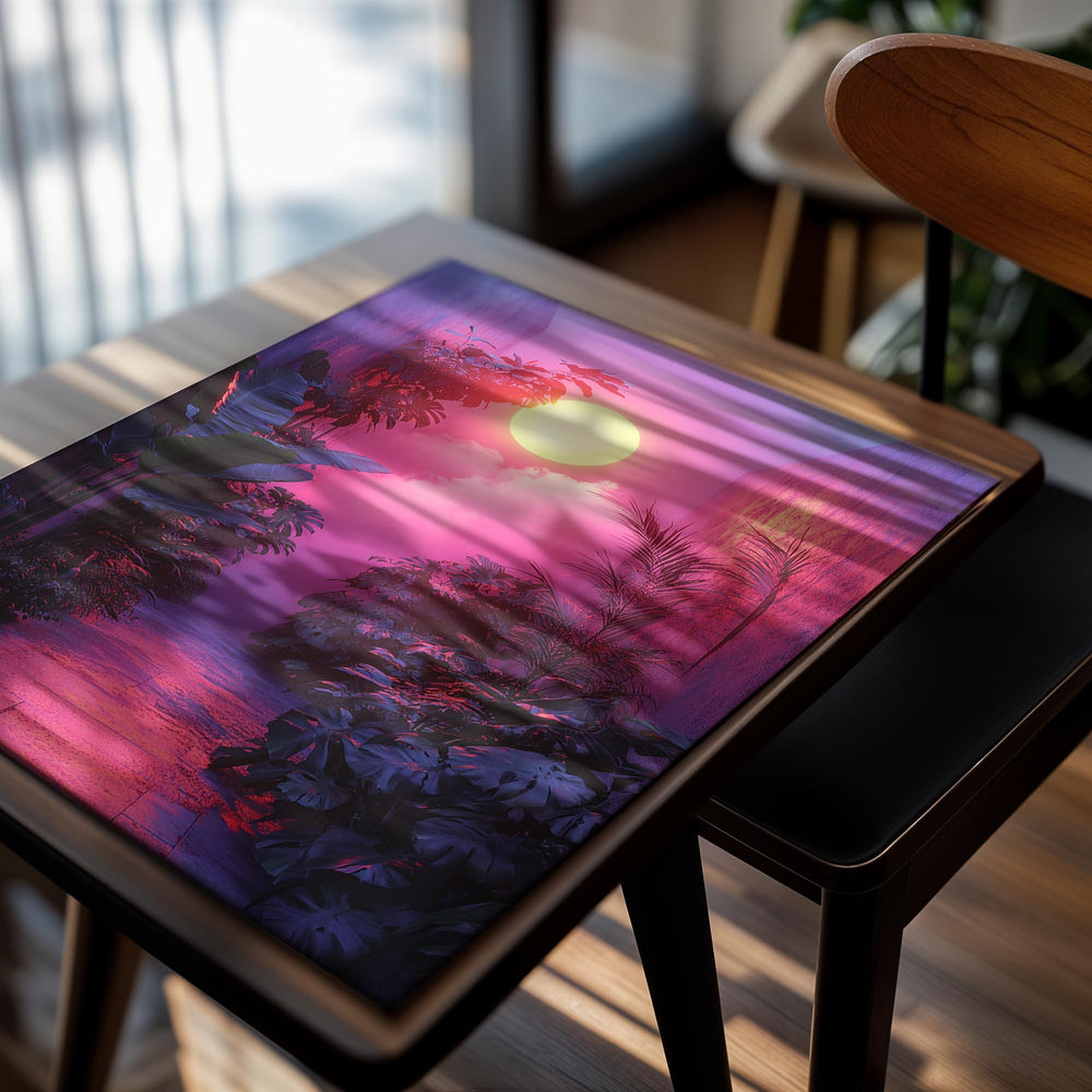 Tropical garden with pink and purple lighting and a bright yellow sun, as a premium aluminum metal print from GoMetalPrint.
