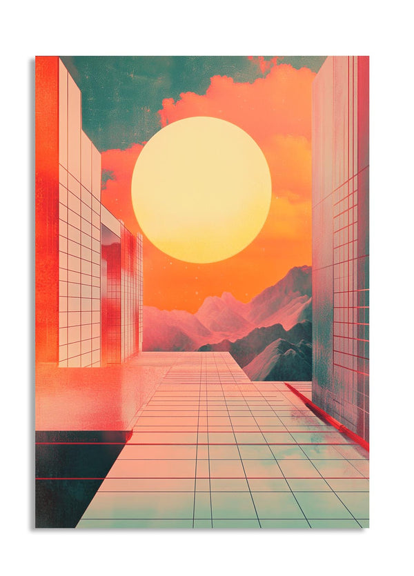 Surreal landscape with a large sun, geometric buildings, and mountains, as a premium aluminum metal print from GoMetalPrint.

