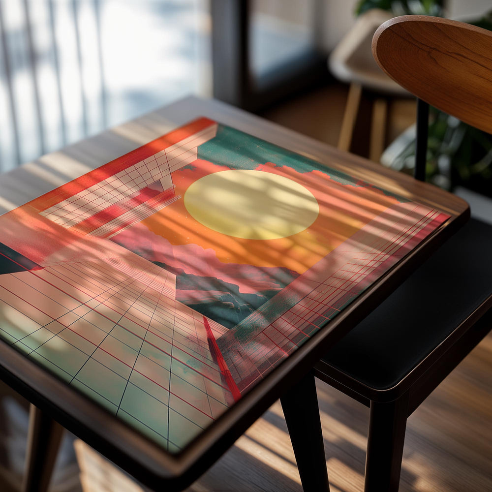 Surreal landscape with a large sun, geometric buildings, and mountains, as a premium aluminum metal print from GoMetalPrint.
