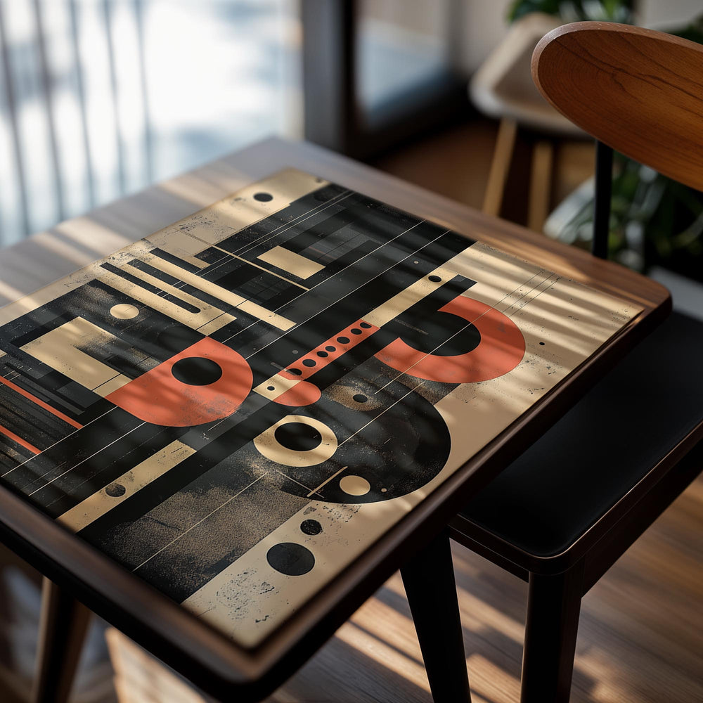 Abstract art print with geometric shapes on a beige background, as a premium aluminum metal print from GoMetalPrint.
