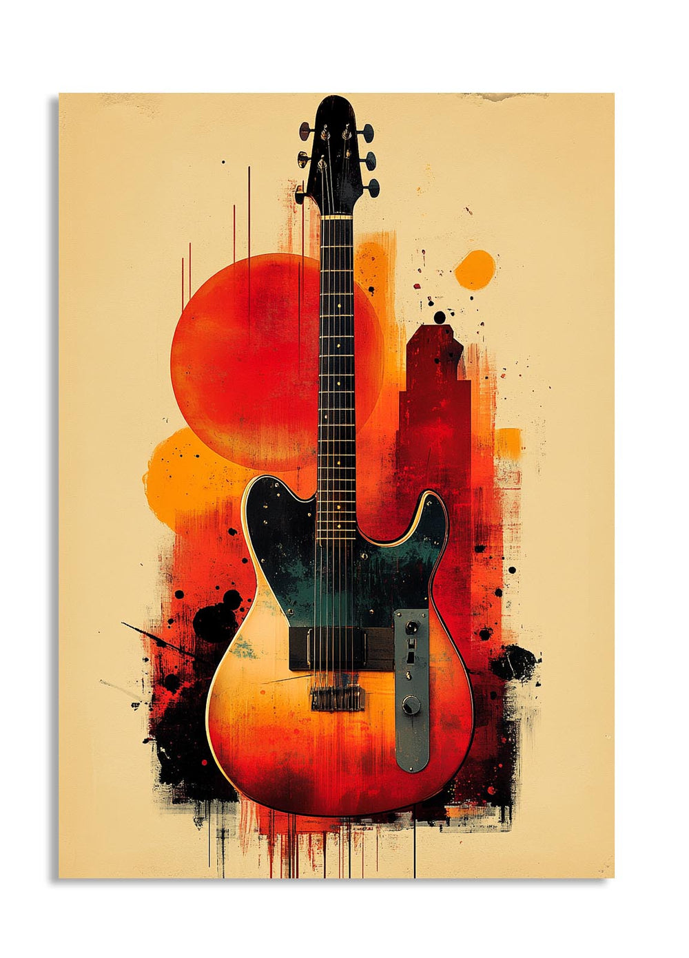 Abstract guitar painting with orange and red colors on a beige background, as a premium aluminum metal print from GoMetalPrint.
