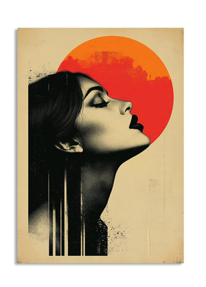 Artistic depiction of a woman's profile with an orange sun in the background on a textured beige background, as a premium aluminum metal print from GoMetalPrint.
