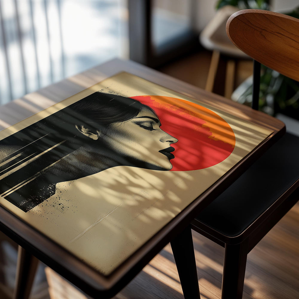Artistic depiction of a woman's profile with an orange sun in the background on a textured beige background, as a premium aluminum metal print from GoMetalPrint.
