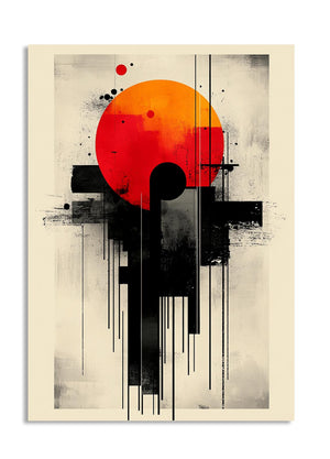 Abstract art print with a red circle and black shapes on a beige background, as a premium aluminum metal print from GoMetalPrint.
