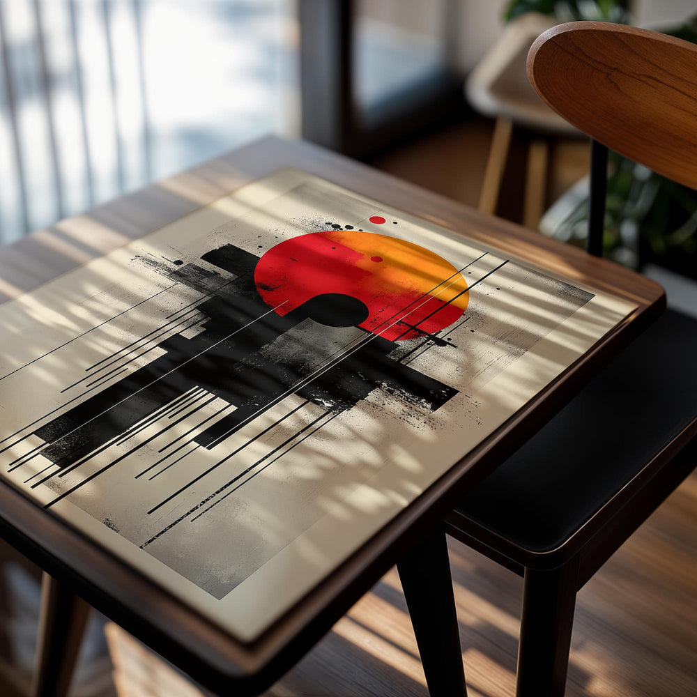 Abstract art print with a red circle and black shapes on a beige background, as a premium aluminum metal print from GoMetalPrint.
