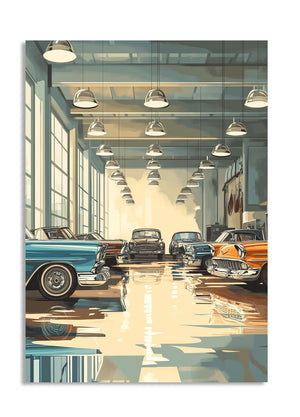 Vintage car showroom with classic cars on a reflective floor, as a premium aluminum metal print from GoMetalPrint.
